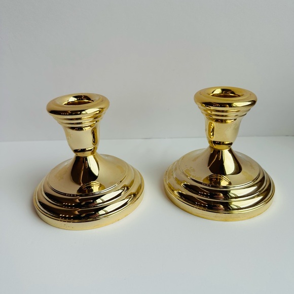 FB Rogers 24k GOLD Electroplated Pair Short Candlestick Holders 2”H Vintage EUC - Picture 4 of 8